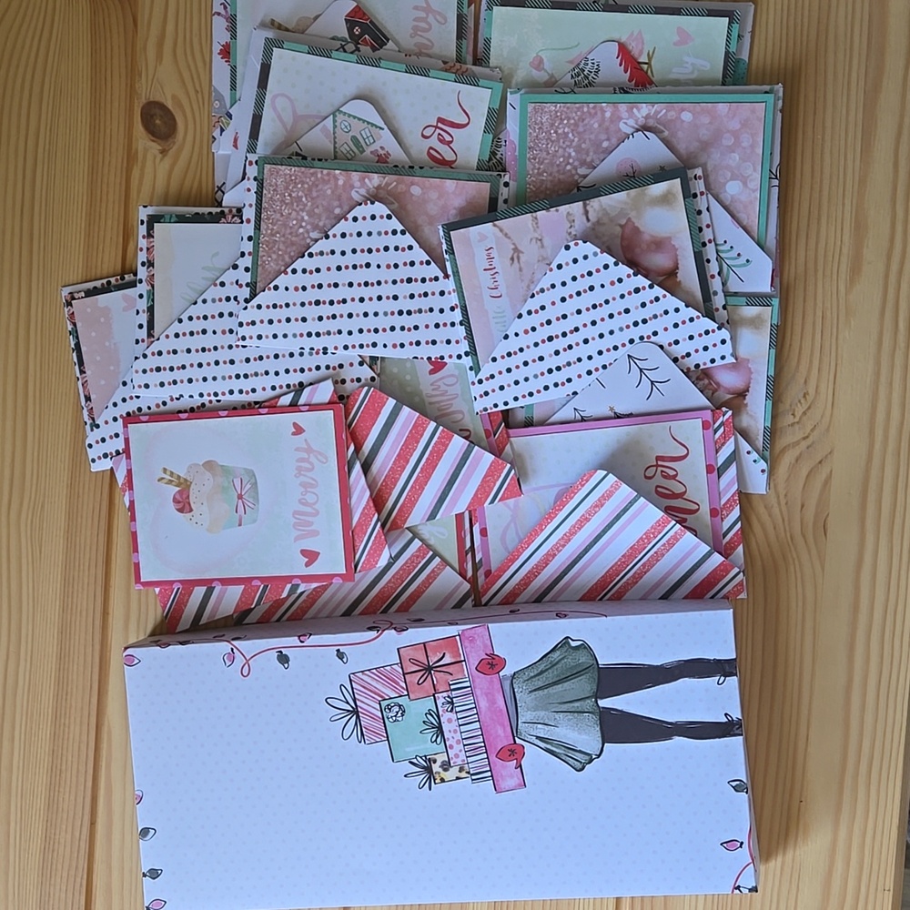 Handmade Mini Pink Christmas Cards & Envelopes Boxed Set of 16